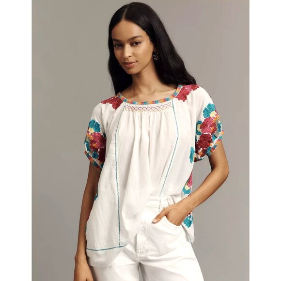 By Anthropologie Short-Sleeve Embroidered Tunic Top M - Picture 1 of 4